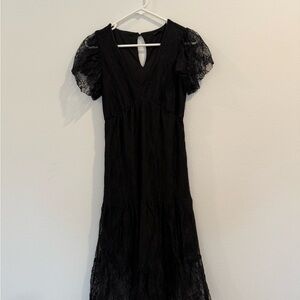 Black Lace Midi Dress with Puff Sleeves and V-Neck